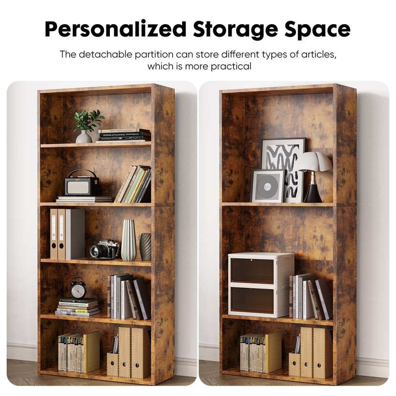 5-Tier Bookcase 53in Adjustable Shelves Anti-Tip Floor Standing Rustic Brown New gallery