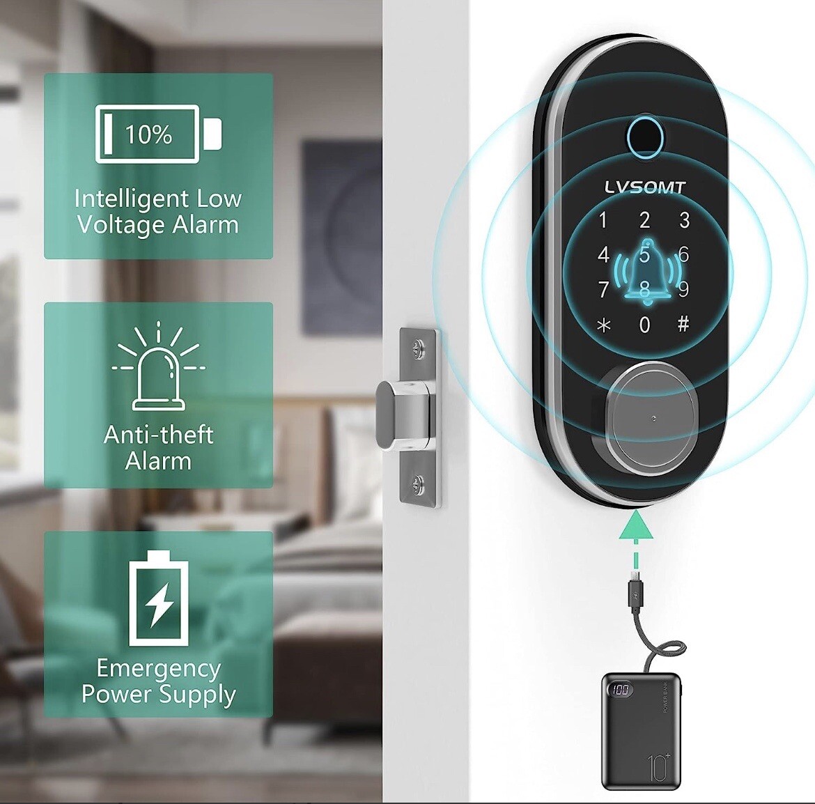 LVSOMT Smart Door Lock, Fingerprint, Passcode, App Control, IC Card Or Key gallery
