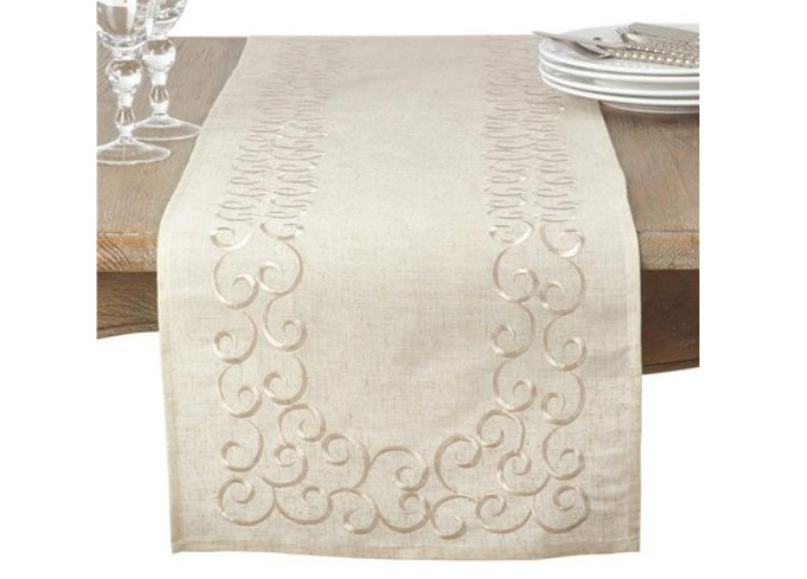 SARO 493.N1672B 16 X 72 in. Rectangular Embroidered Swirl Design Linen Blend Tab gallery