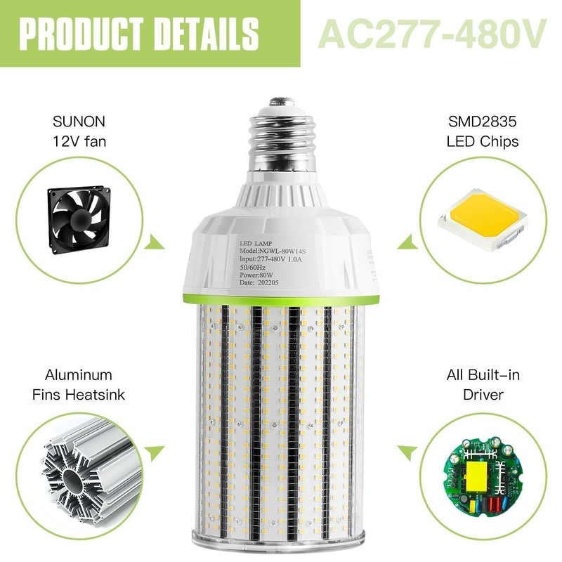 80 Watts LED Corn Light Cob Bulbs E39 Mogul Base Warehouse Garage Lighting 480V gallery