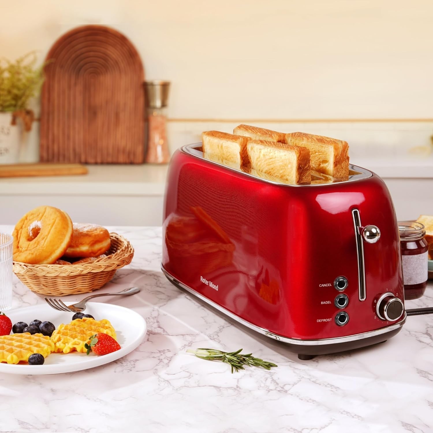 Roter Mond 4 Slice Toaster Retro Stainless Steel Toaster with Bagel, Cancel, gallery