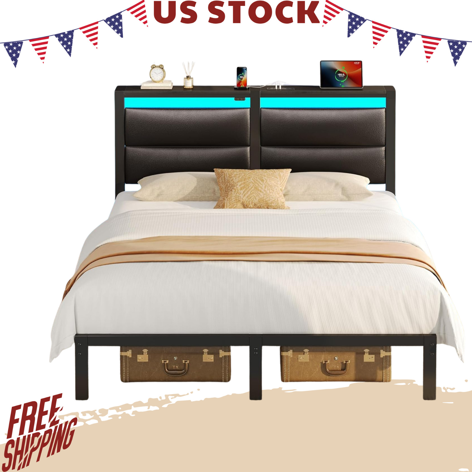 NEW Full Size Bed Frame with Charging Station LED Upholstered Headboard Metal gallery