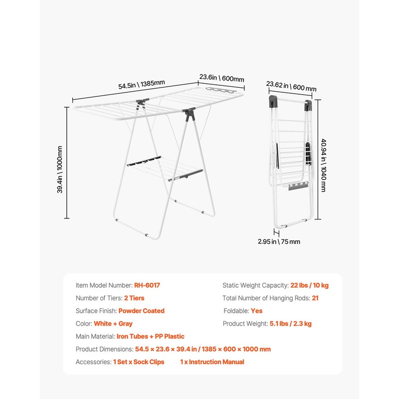 2-Tier Foldable Clothes Drying Rack with Sock Clips & 21 Drying Rods White gallery
