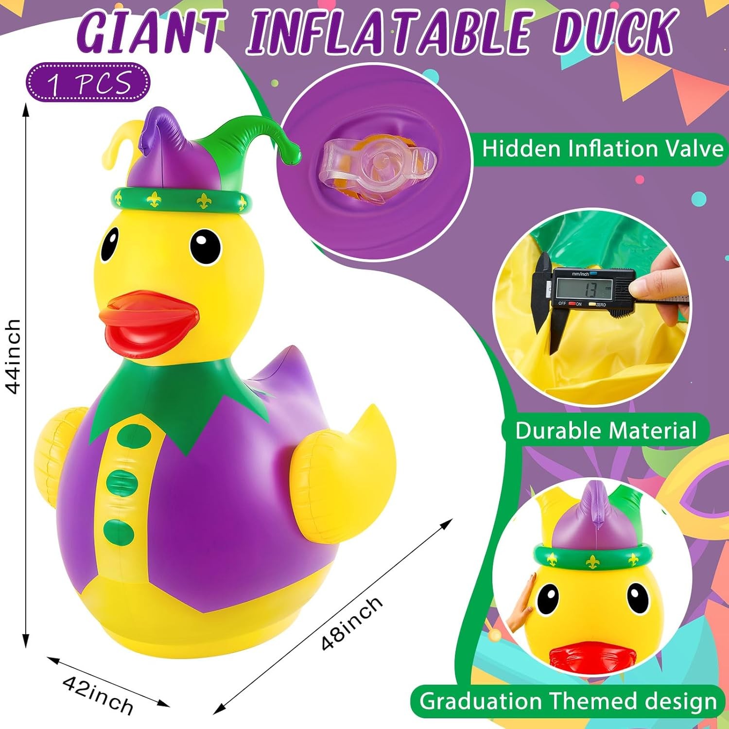4 ft PVC Mardi Gras Inflatable Duck - Blow up Pool Float Large Giant Rubber gallery