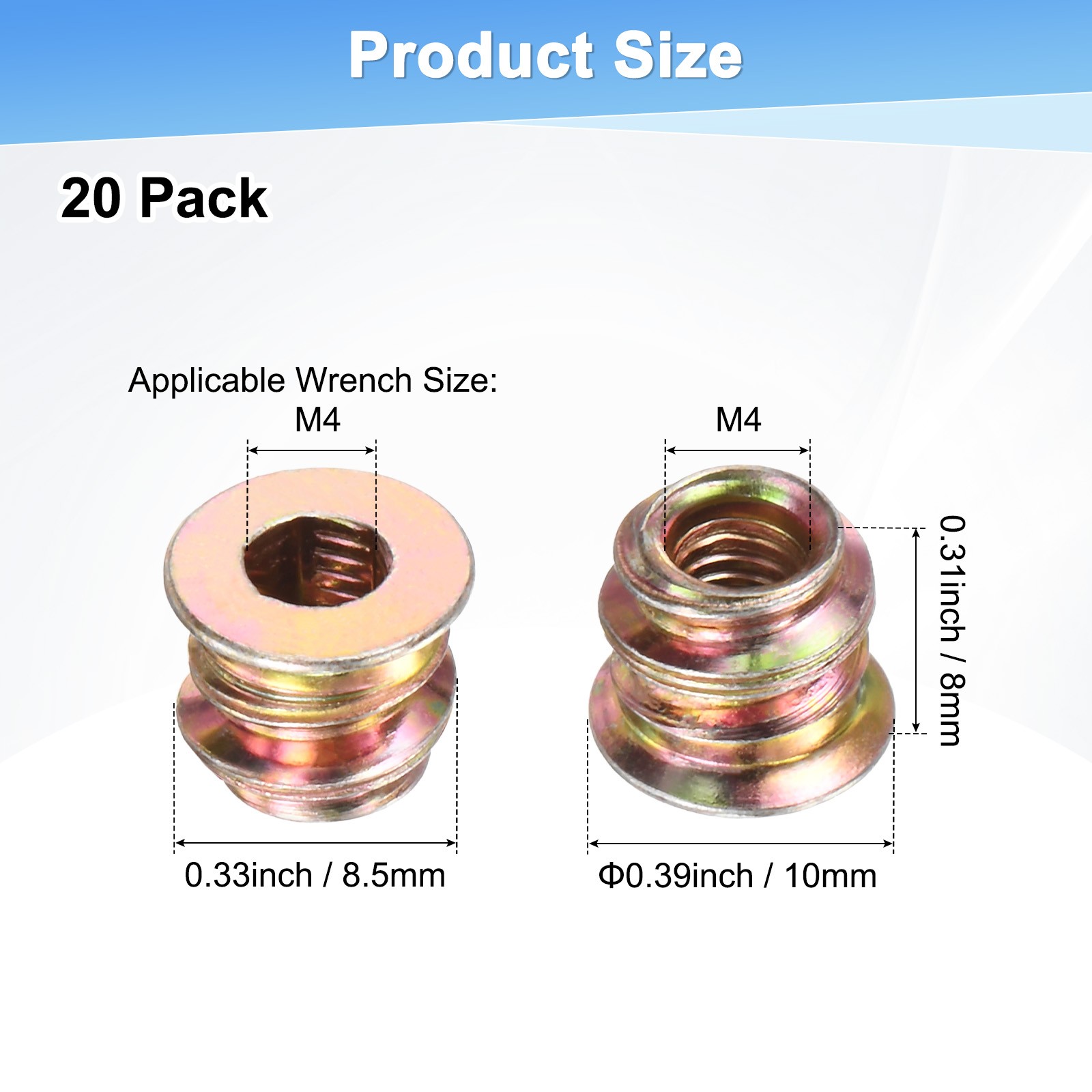 20-Pack Threaded Inserts for Wood, M4x8mm Threaded Insert Nuts [Gold Tone] gallery