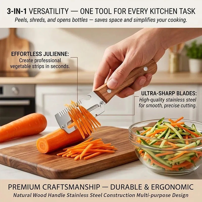 2 PCS 3-in-1 Multifunctional Vegetable Peeler with Wooden HandleJulienne Slicer. gallery