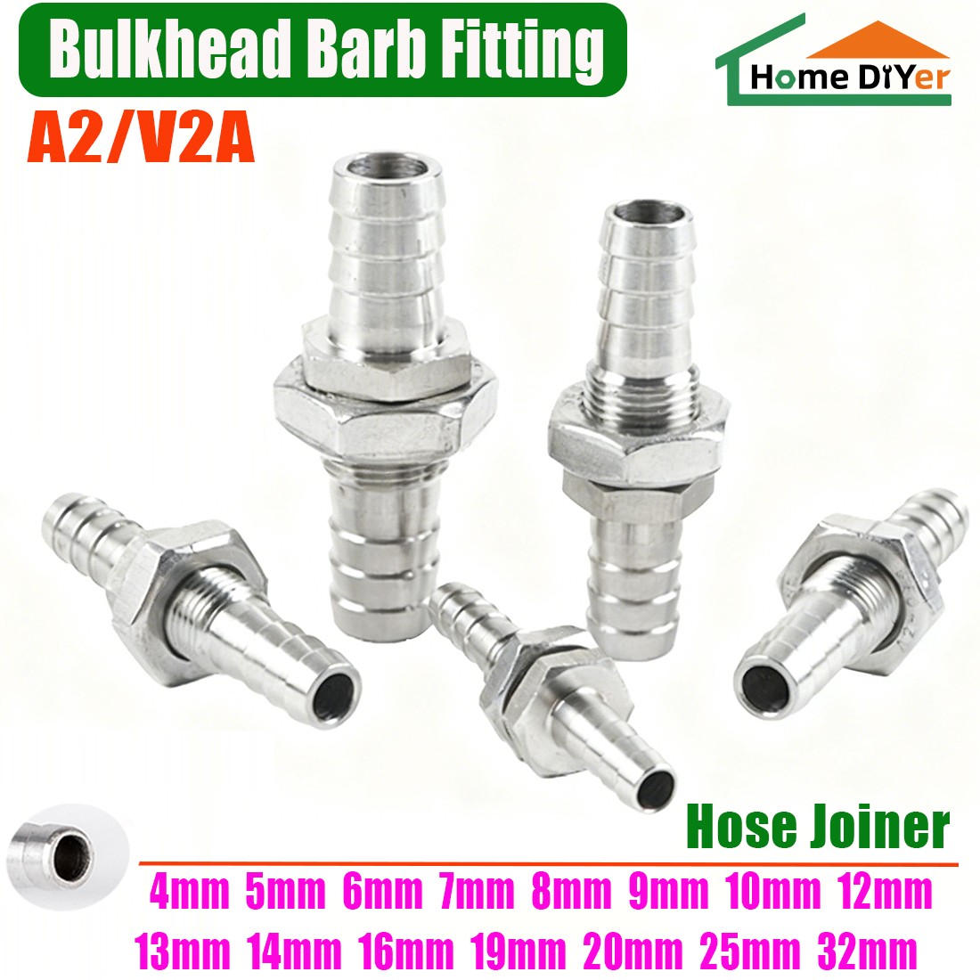 Bulkhead Barb Fitting Stainless Barbed Hose Tail Connector Tube Coupler Adapter gallery