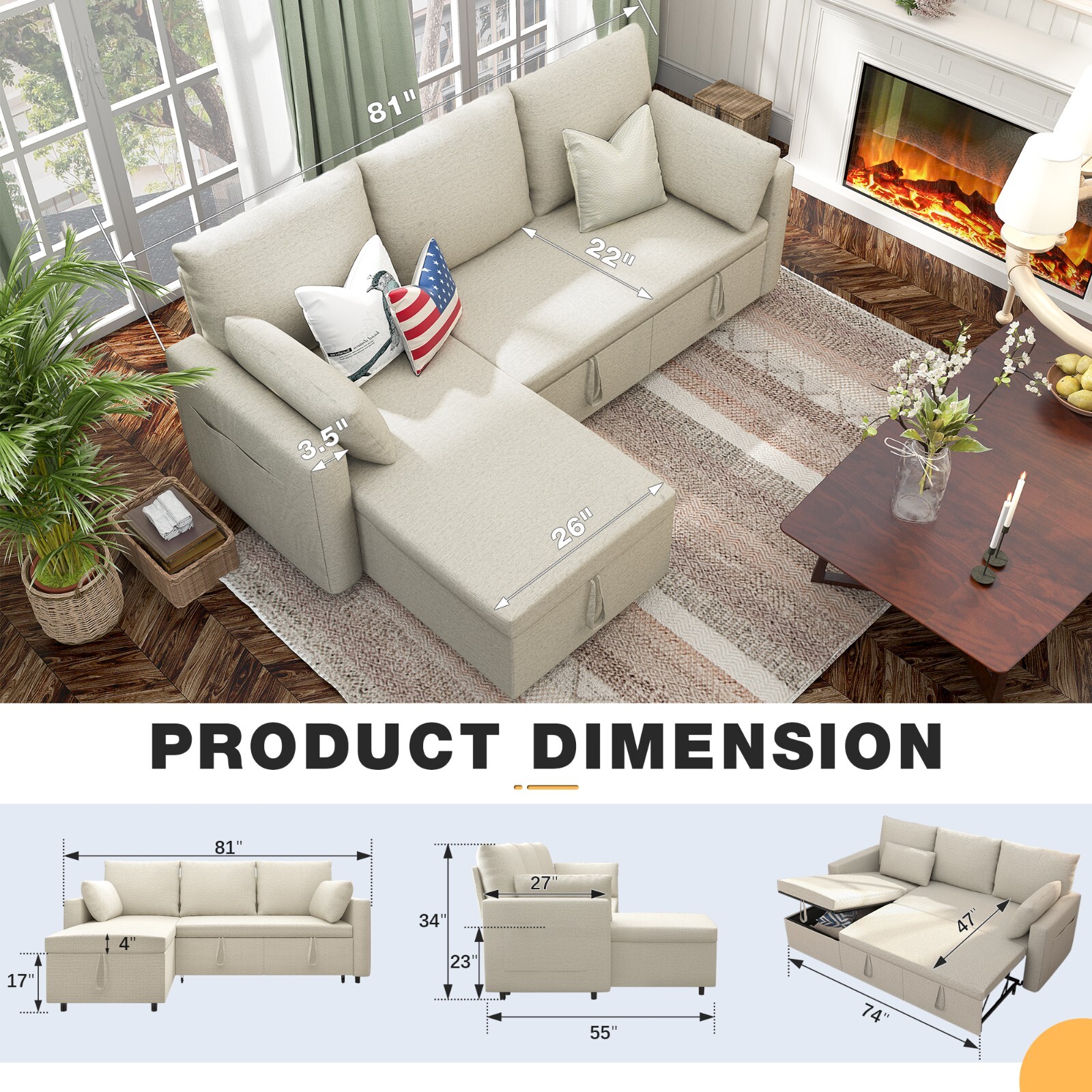 Linen Sleeper Sofa Bed,Pull OutCouch Bed with Storage Chaise gallery