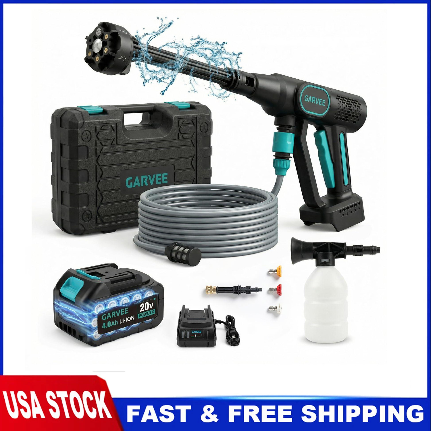 Garvee Battery Powered Pressure Washer Cordless 500PSI 6-in-1 Nozzle 23FT Hose gallery