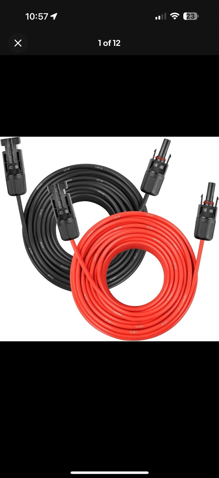 10 AWG Solar Panel Extension Cable PV Wire Solar Connector Pair Black & Red 20ft gallery