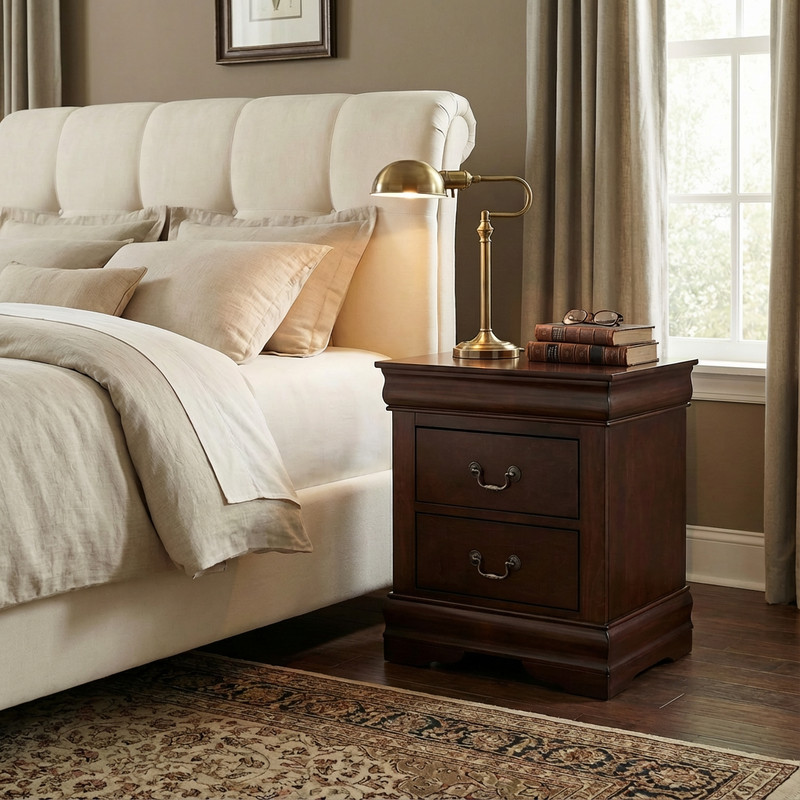 Traditional Solid Wood Nightstand with 2 Drawers in Black / Dark Cherry / White gallery