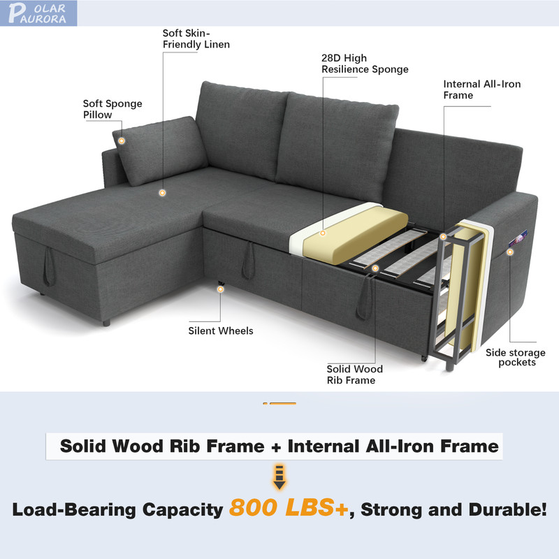 Linen Sleeper Sofa Bed,Pull OutCouch Bed with Storage Chaise gallery
