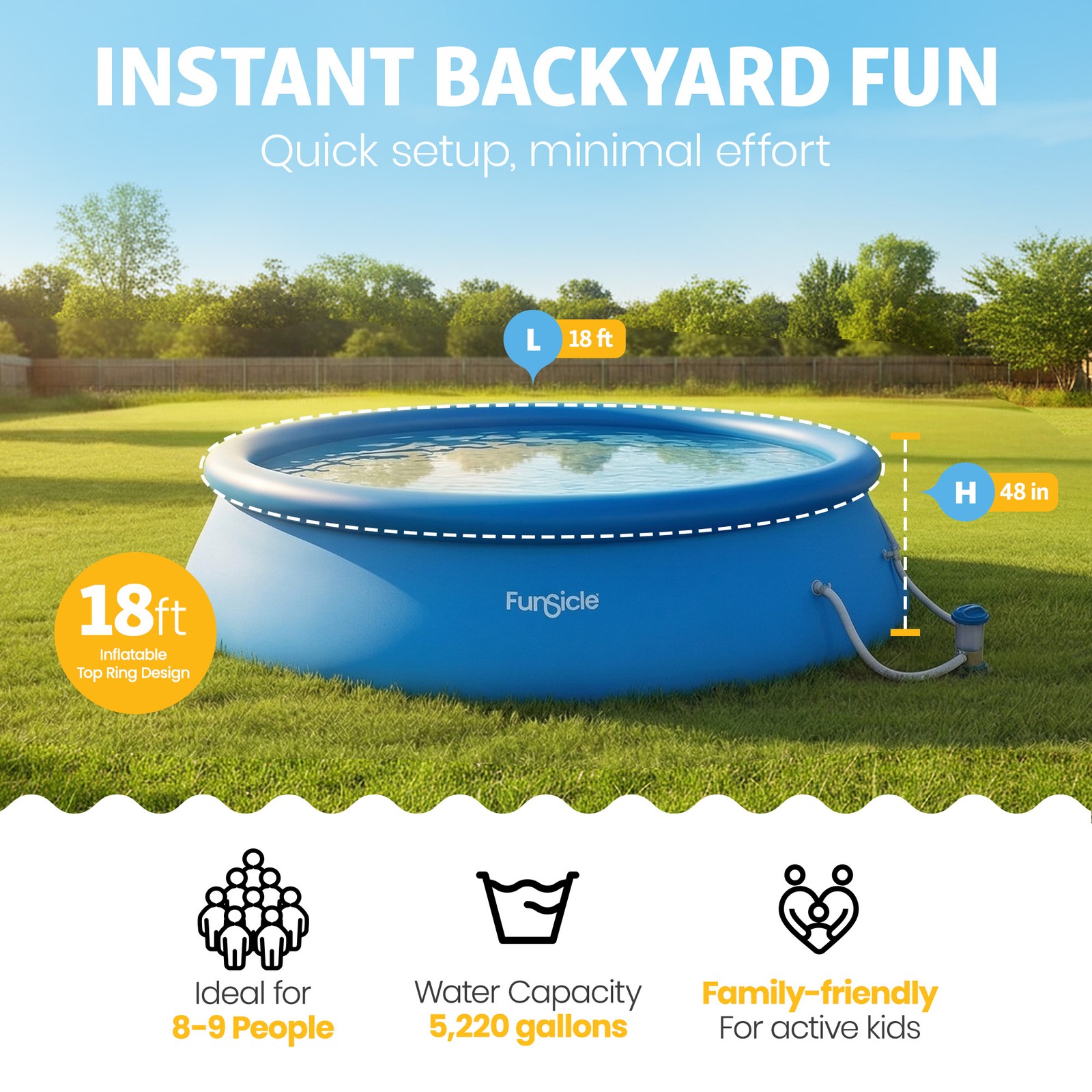 Funsicle 18" x 48" QuickSet Inflatable Ring Top Outdoor Above Ground Pool w/Pump gallery
