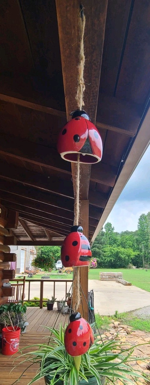 Ceramic Ladybug Wind Chime Red & Black Polka Dots & Stripes Jute String gallery
