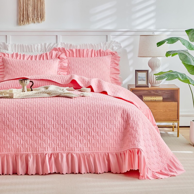 Ruffled Quilt Bedding Set Queen Size 96 * 96in - 3 Pieces Solid Shabby Chic F... gallery