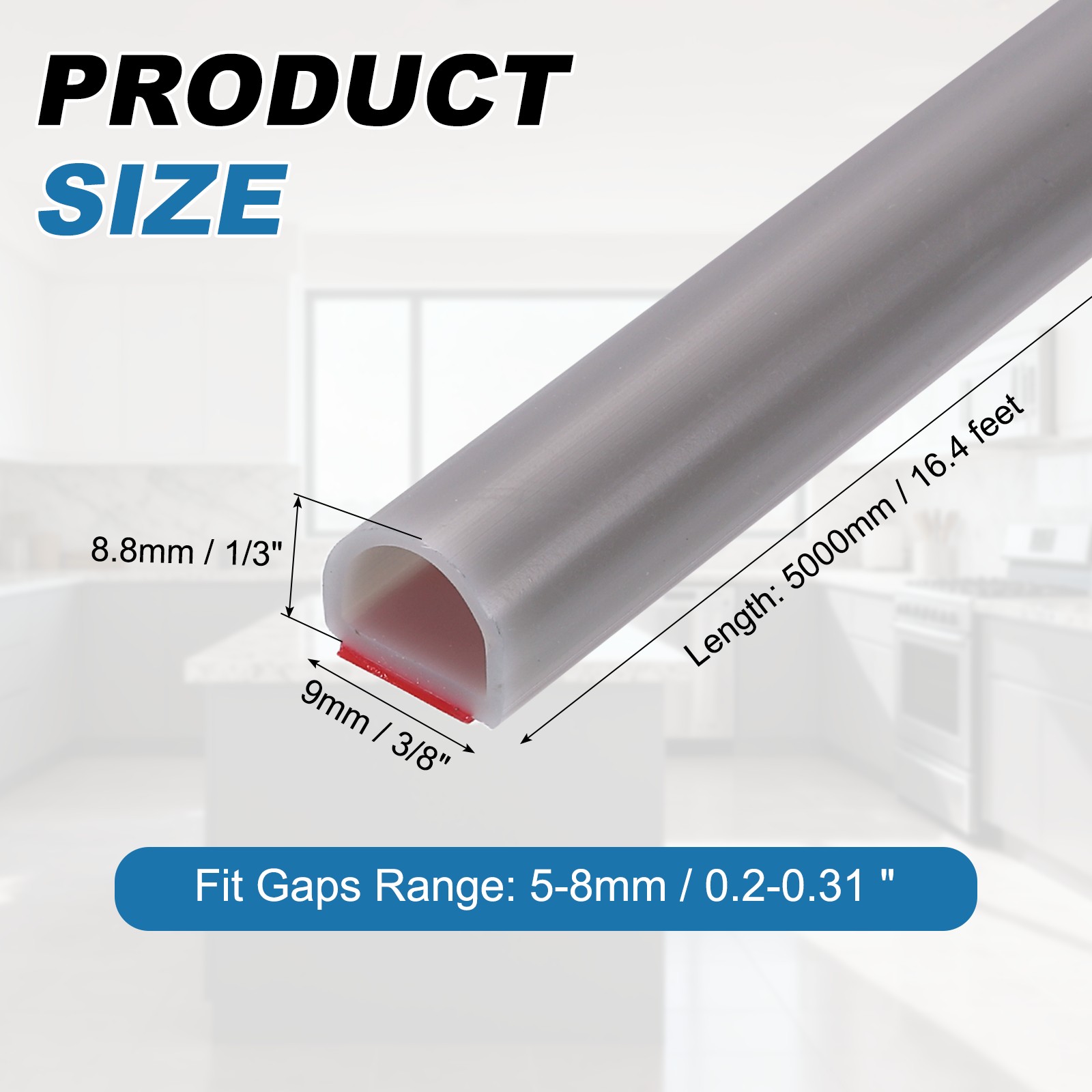 16.4FT Silicone D Shape Weather Stripping, Self Adhesive Doors Seals, Grey gallery