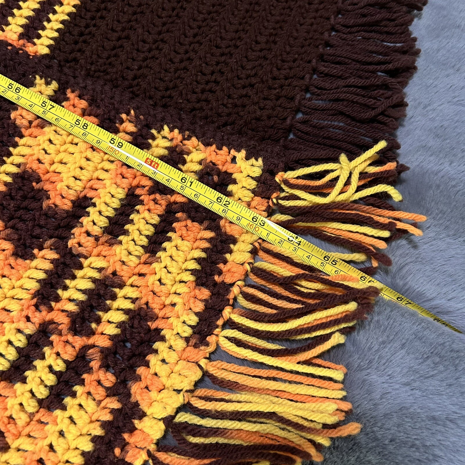 Hand Crochet Afghan Throw Blanket Brown Yellow Fall Autumn 63x49" Fringe Square gallery