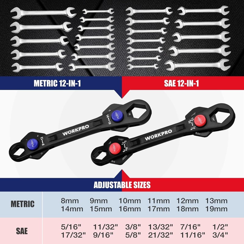 WORKPRO 2PC 12-in-1 Universal Adjustable Wrench Set Multi Head 8-19mm 5/16"-3/4" gallery