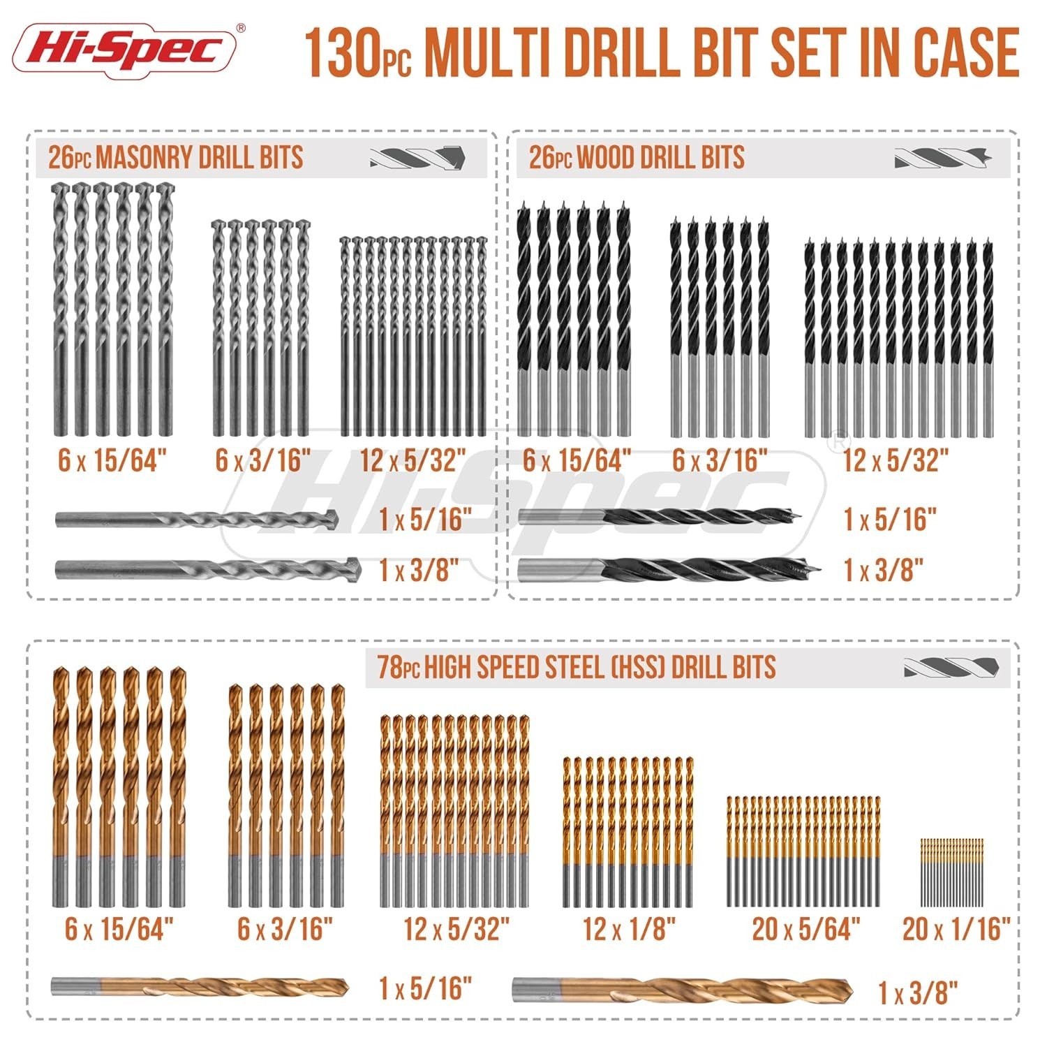 Hi-Spec 130pc Drill Bit Set HSS Titanium Masonry Wood Metal Bits w/ Case gallery