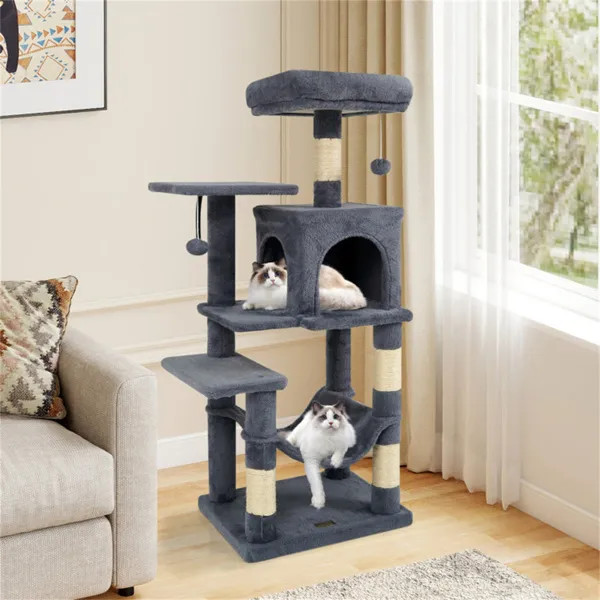44in Cat Tree Tower Gray Multi Level w/ Top Perch 2 Door Condo Hammock for Indoo gallery