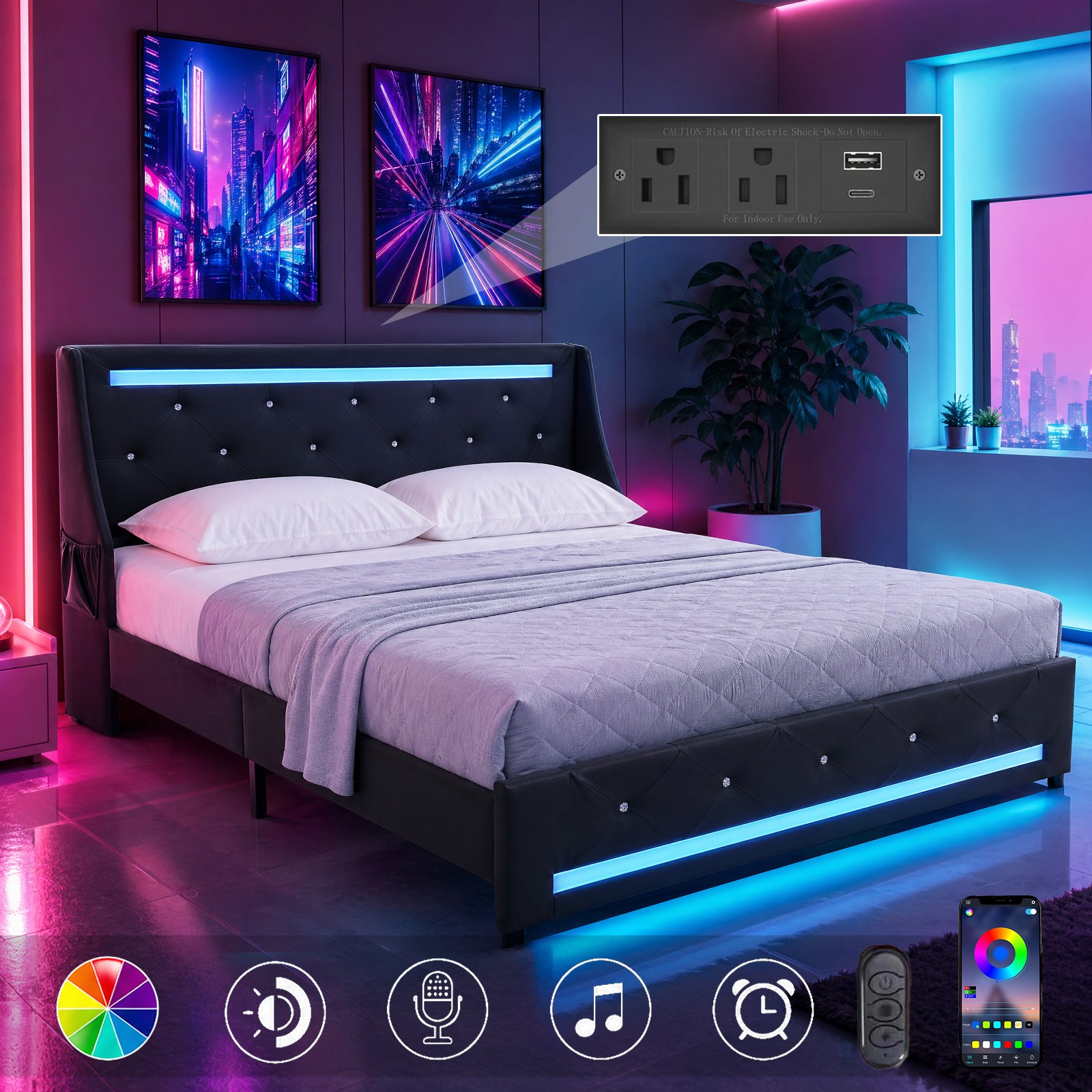 Queen Bed Frame with LED Lights, Charging Station, Black Upholstered gallery