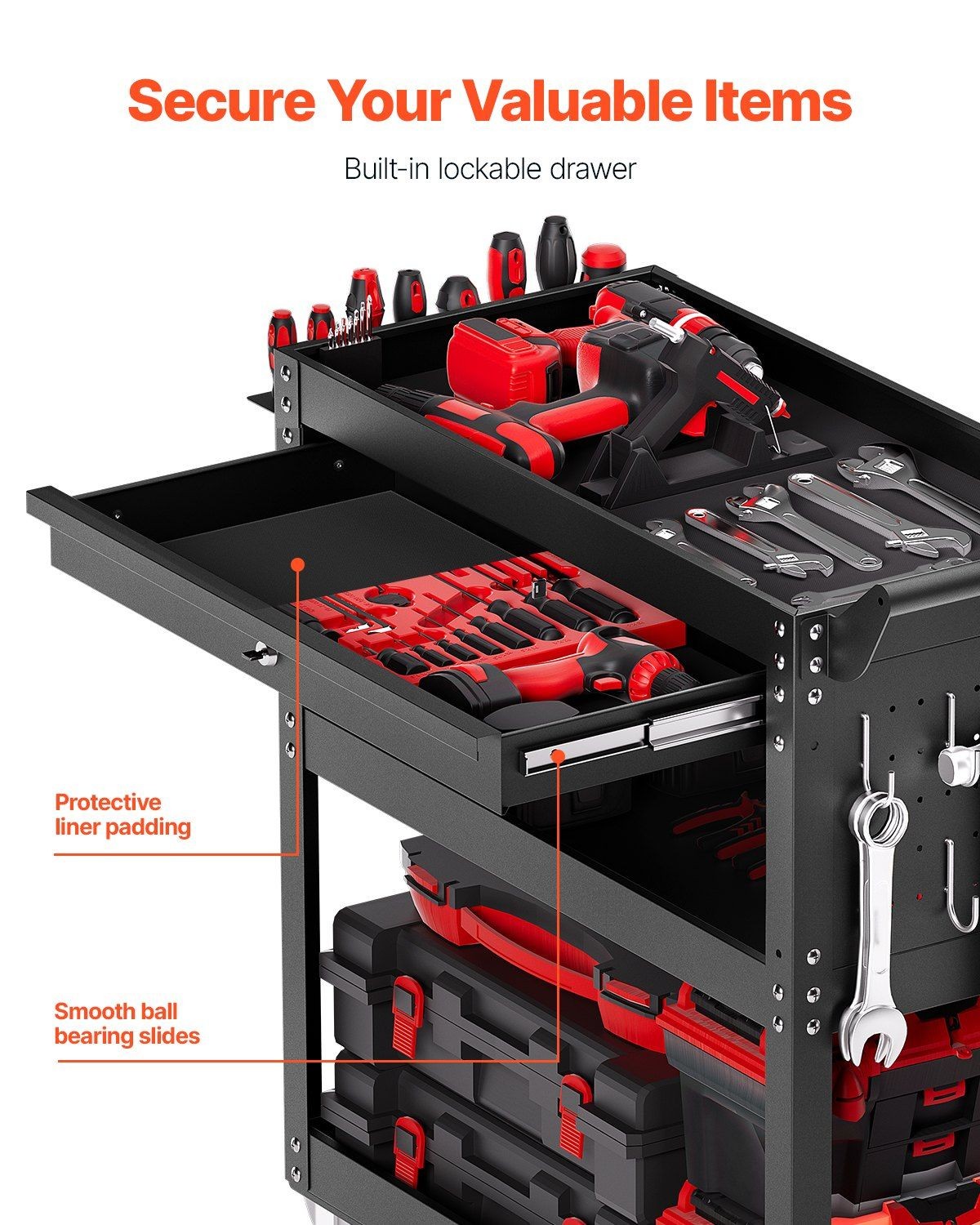 350lb 4-Tier Assembled Tool Cart w/ Locking Drawer Pegboard Black gallery