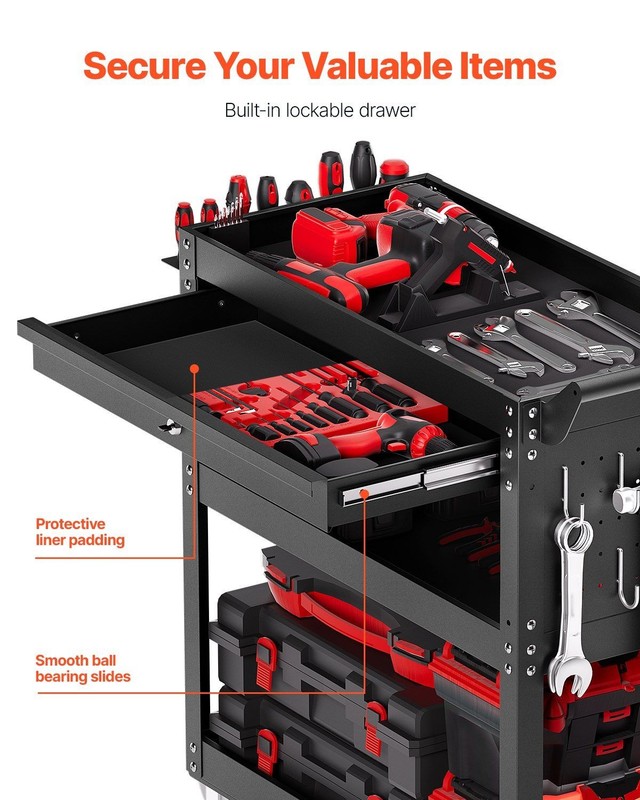 350lb 4-Tier Assembled Tool Cart w/ Locking Drawer Pegboard Black gallery