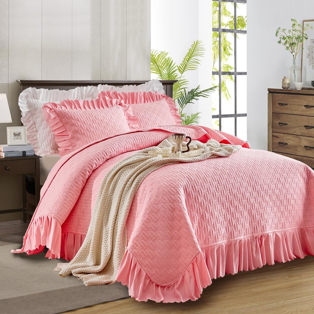 Ruffled Quilt Bedding Set Queen Size 96 * 96in - 3 Pieces Solid Shabby Chic F...