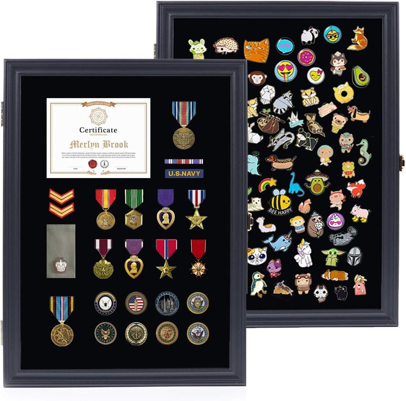 2Pcs Collection Pin Display Case w/ Metal Lock UV-Protected Shadow Box for Medal gallery