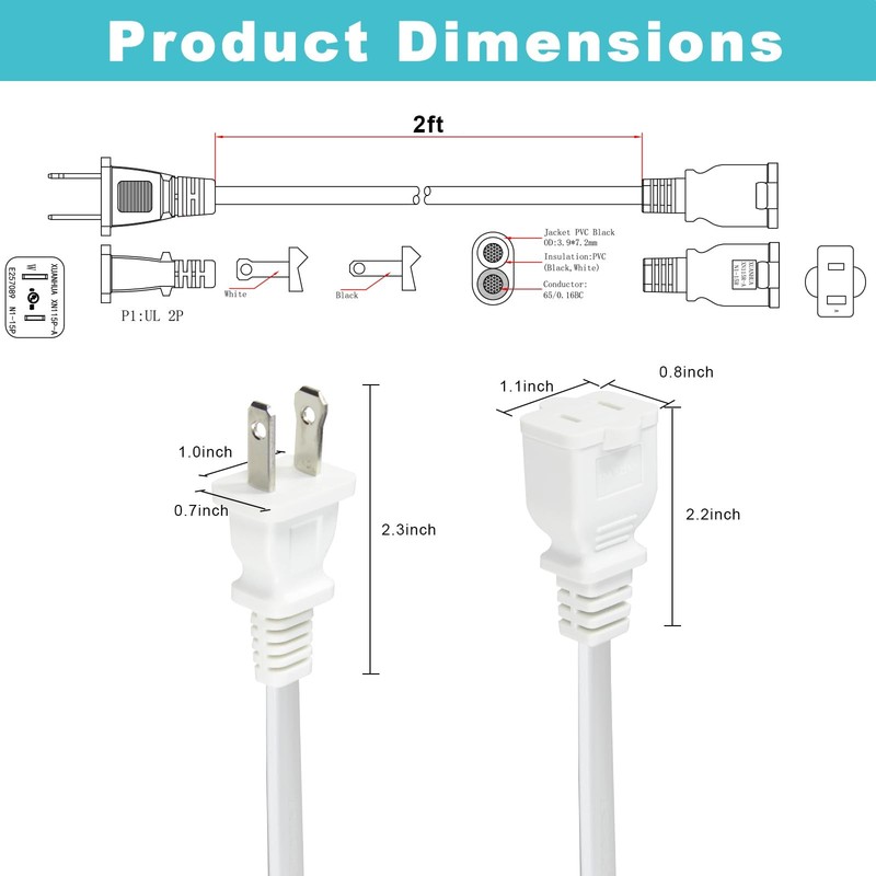 2FT Polarized 2Prong Extension Cord - White Replacement US AC Two Prong 13A 1... gallery