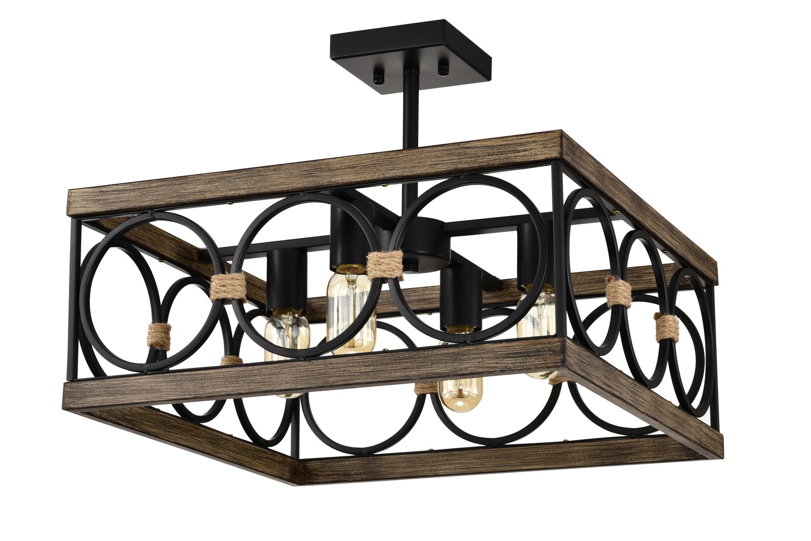 4-Light Square Kitchen Island Light Farmhouse Wood Black Metal Ceiling Fixture gallery