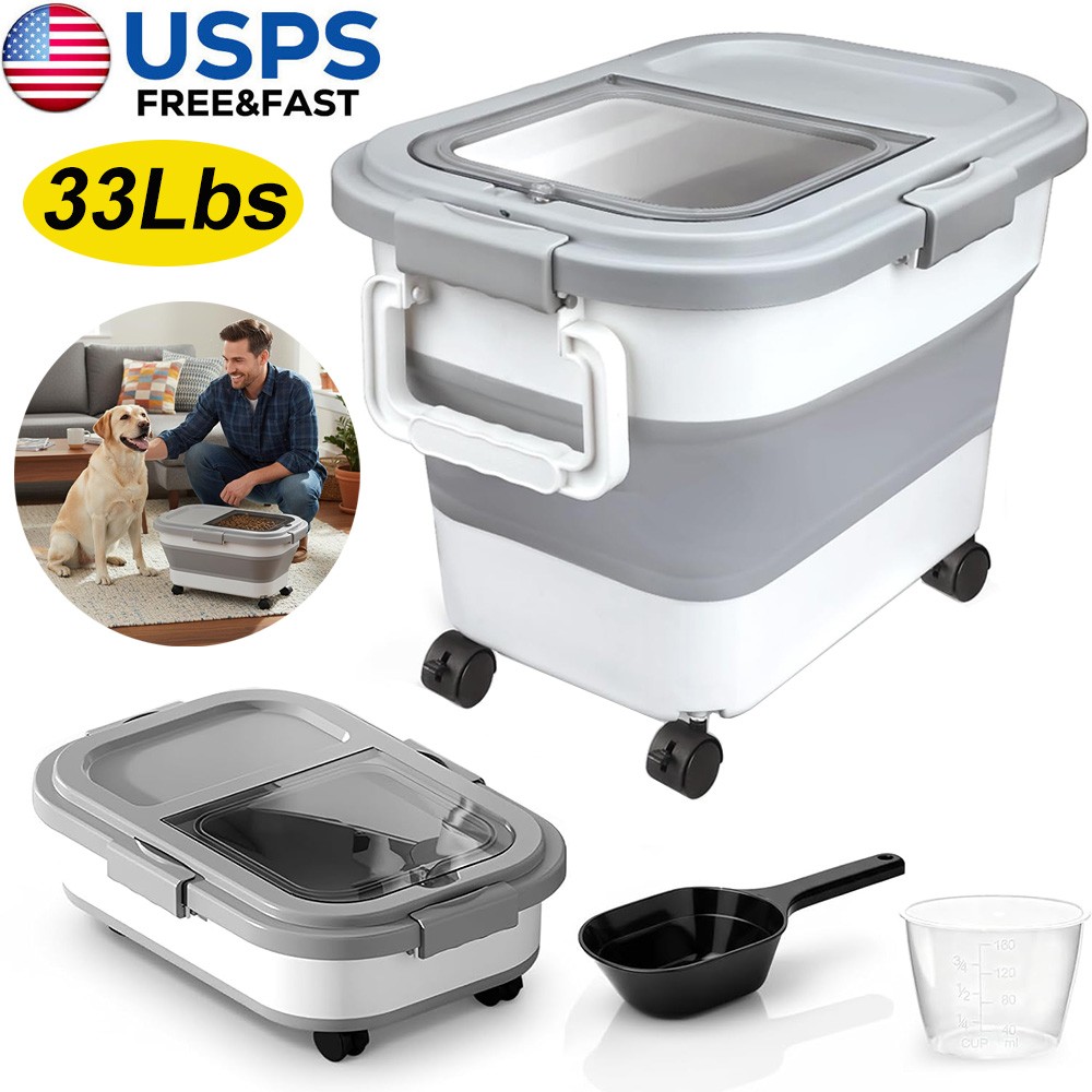 33 Lbs Dog/Cat Food Storage Container Collapsible with Rolling Wheel Cup & Scoop gallery