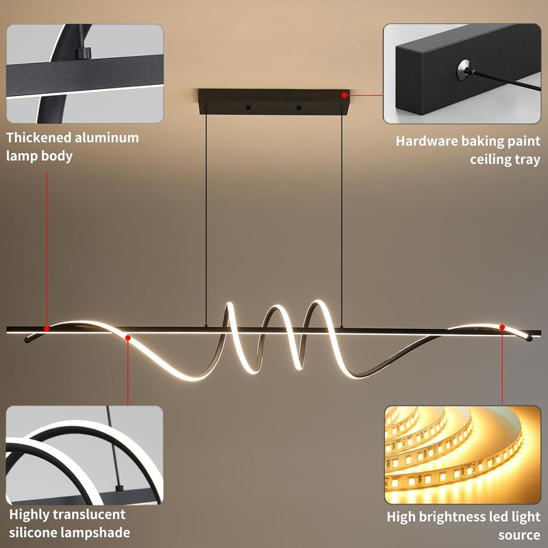 Dimmable Modern Chandelier Light with Remote, 3 Color Modes, 57In Black gallery