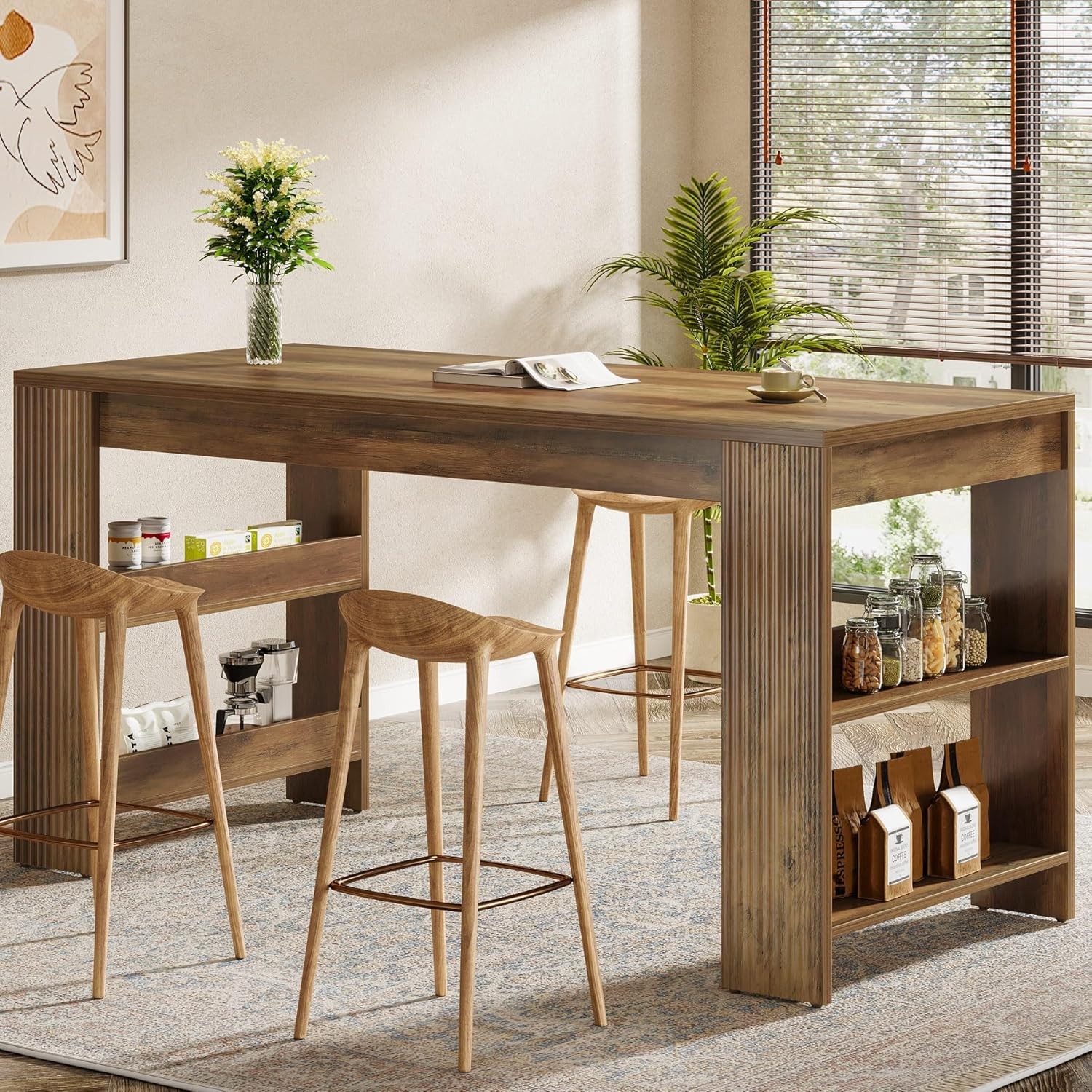 63-Inch Farmhouse Bar Table Rustic Counter Height Pub Table with Storage Shelves gallery