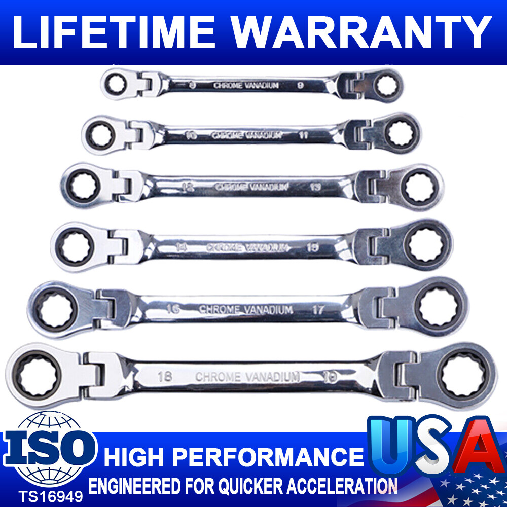 6 PCS Double Box End Ratcheting Wrench Flex-Head Extra Long Spanner Set Metric gallery