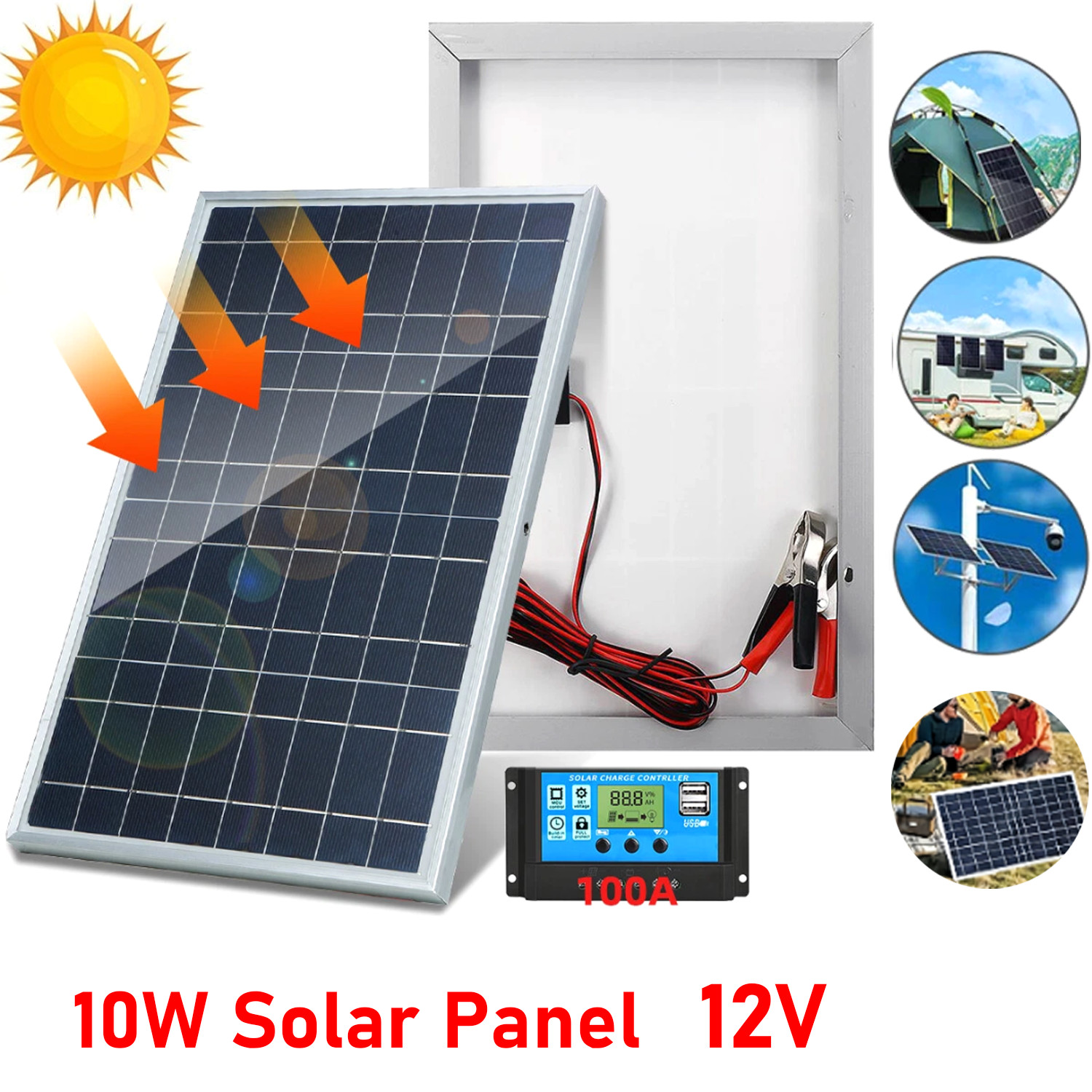 10W Solar Panel 12V Solar Battery Trickle Charger 100A W/ Controller Maintainer gallery