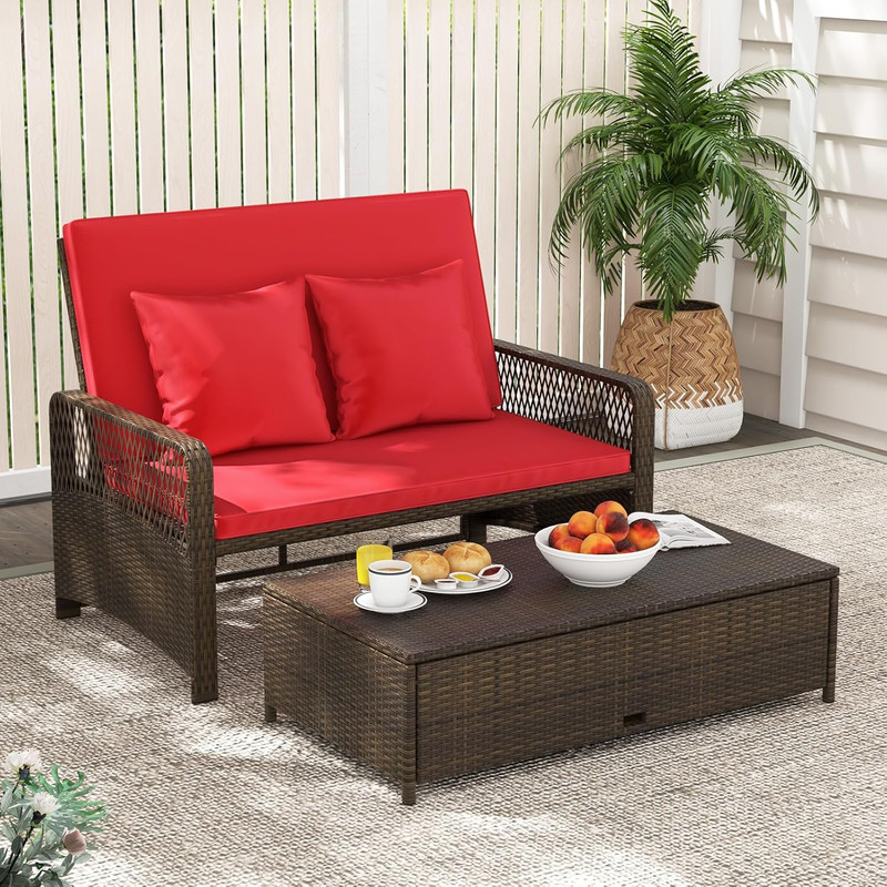 Versatile Red Wicker Daybed & Loveseat with Storage Ottoman gallery