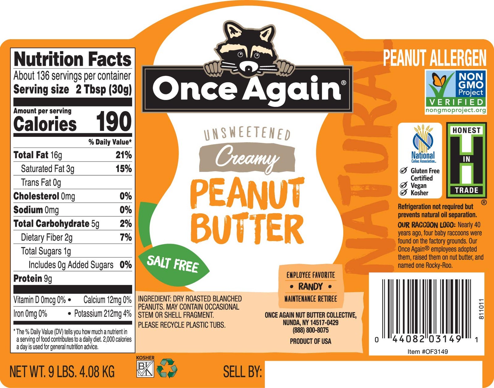 Once Again Natural, Crunchy Peanut Butter, 9lb Bucket (same as 9 jars)- Salt Fre gallery