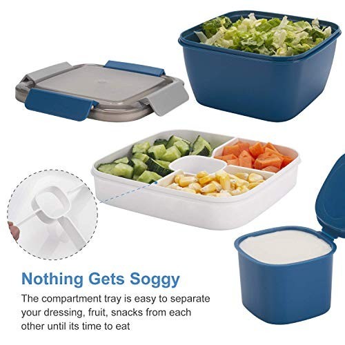 Salad Lunch Containers 52 oz - 3 Compartment Bowls with Dressing Container - To gallery