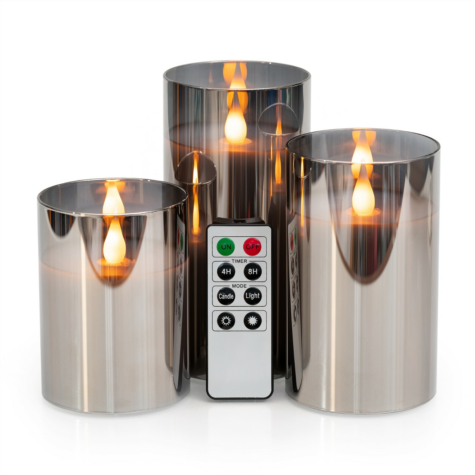 Metallic Mirrored Glass Flicker LED Flameless Candle 3-Pack 4" 5" 6" w/ Remote gallery