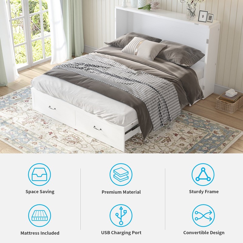 Zafly Queen Murphy Bed with Foldable Mattress, Wall Bed with Charging Station gallery