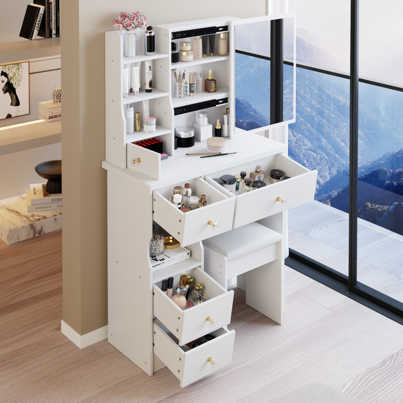 29.2" Small Space Left Drawer Desktop Vanity Table + Cushioned Stool gallery