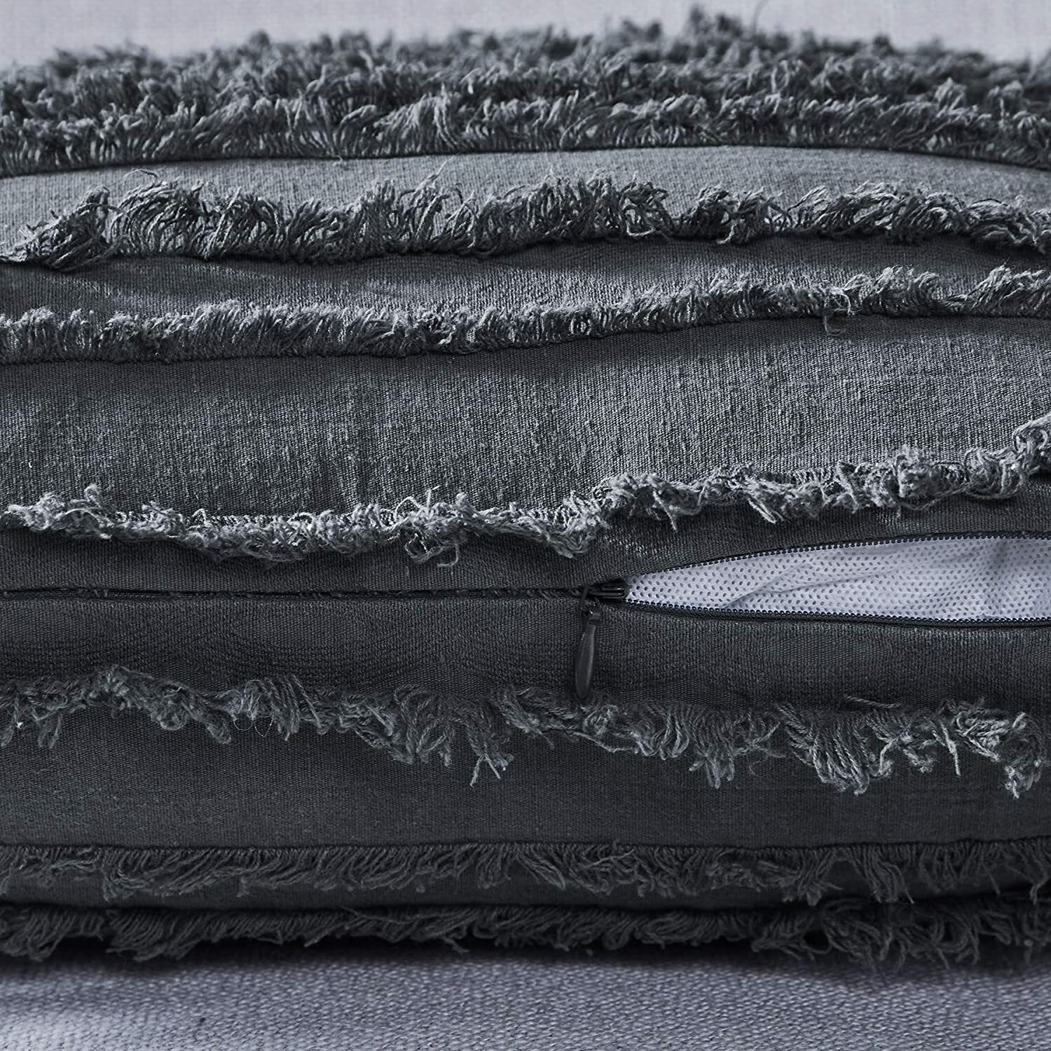 FRAYED JACQUARD STRIPE LINEN PILLOW COVERS Solid Gray, Black, Green , Blue Gray gallery