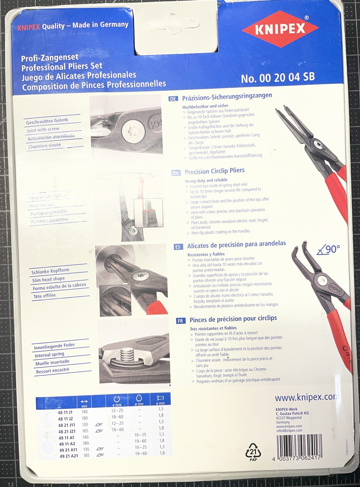 Knipex 002004SB 8pc Snap Ring Plier Set Internal External Circlip 90 Right Angle gallery