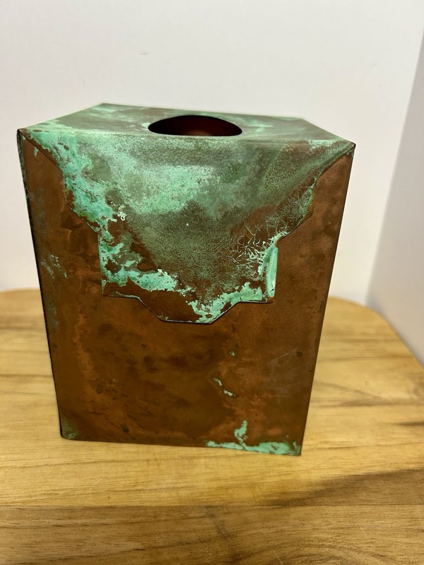 Upright Square DIstressed Rustic Copper Tissue Box Cover Holder with Patina gallery