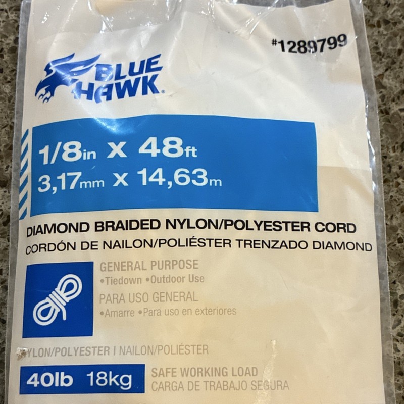 Blue Hawk Nylon Polyester Tie Down Cord White 1/8in x 48ft 40lb Diamond Braided gallery
