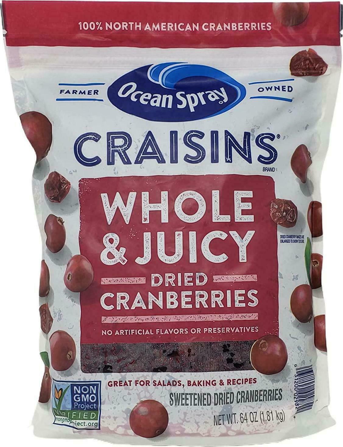 2 Packs Ocean Spray Craisins Dried Cranberries Whole & Juicy 64oz Each,Total 8lb gallery
