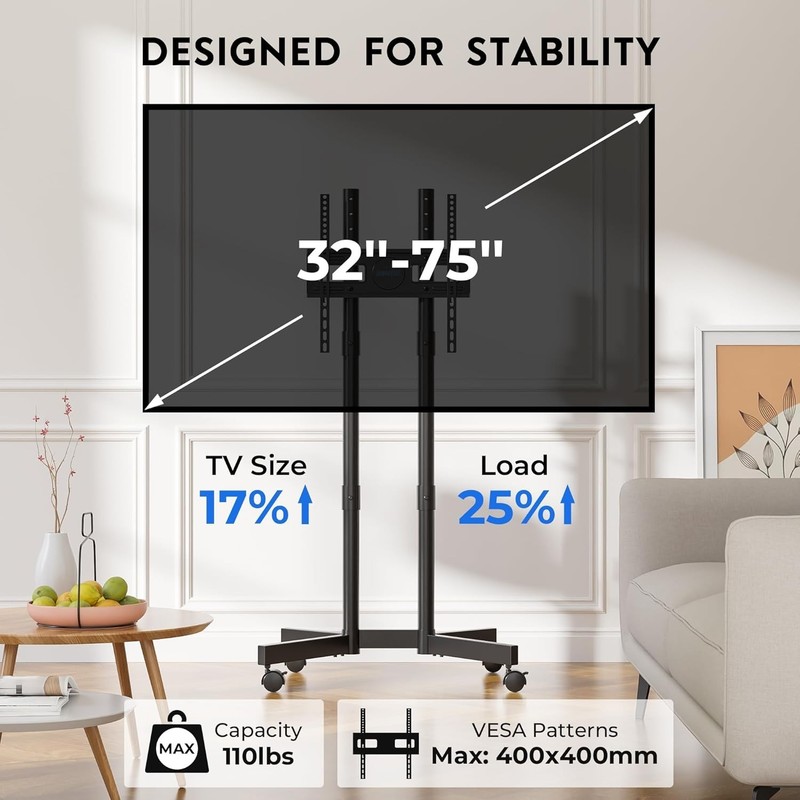 Elegant Height Adjustable Rolling TV Stand for 32-75 Inch TVs - Supports 110lbs gallery