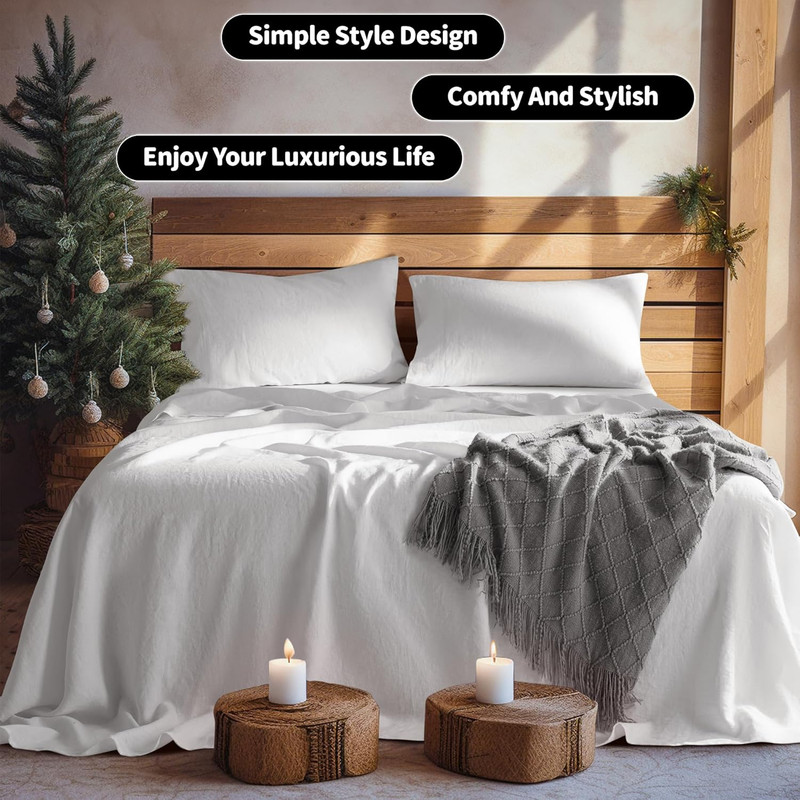 LBR02M 100% Linen Sheet Set King Size, Bed Sheets 4 Piece Sets, Solid Color Natu gallery