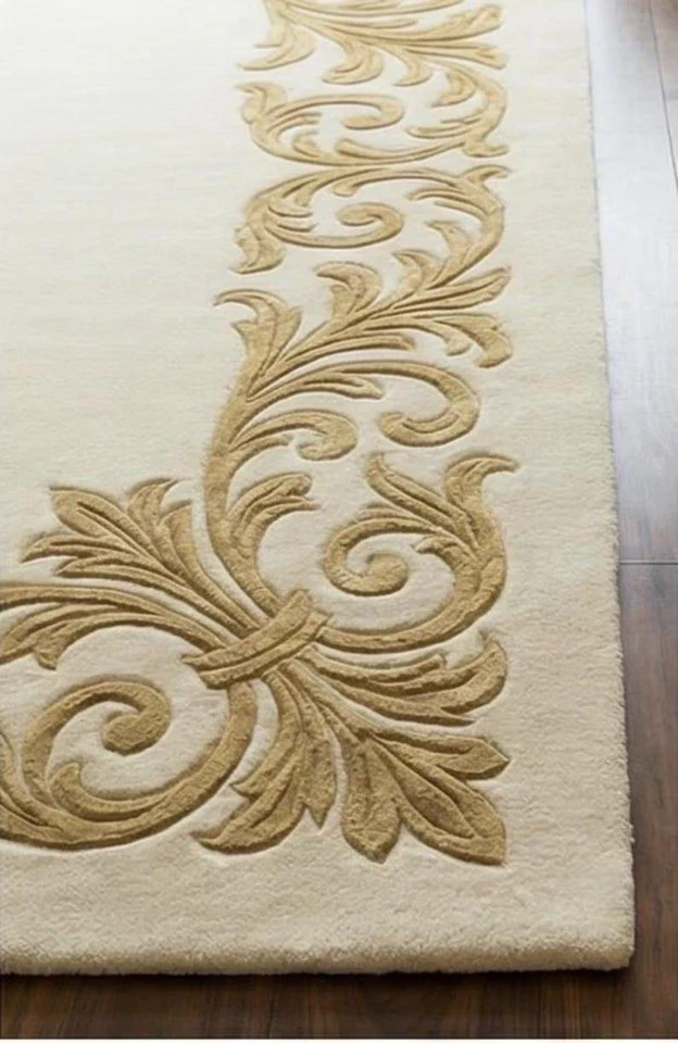 Hand Tufted Wool Area Rug Ivory Gold Floral Rug, Large Luxury Living Room Carpet gallery